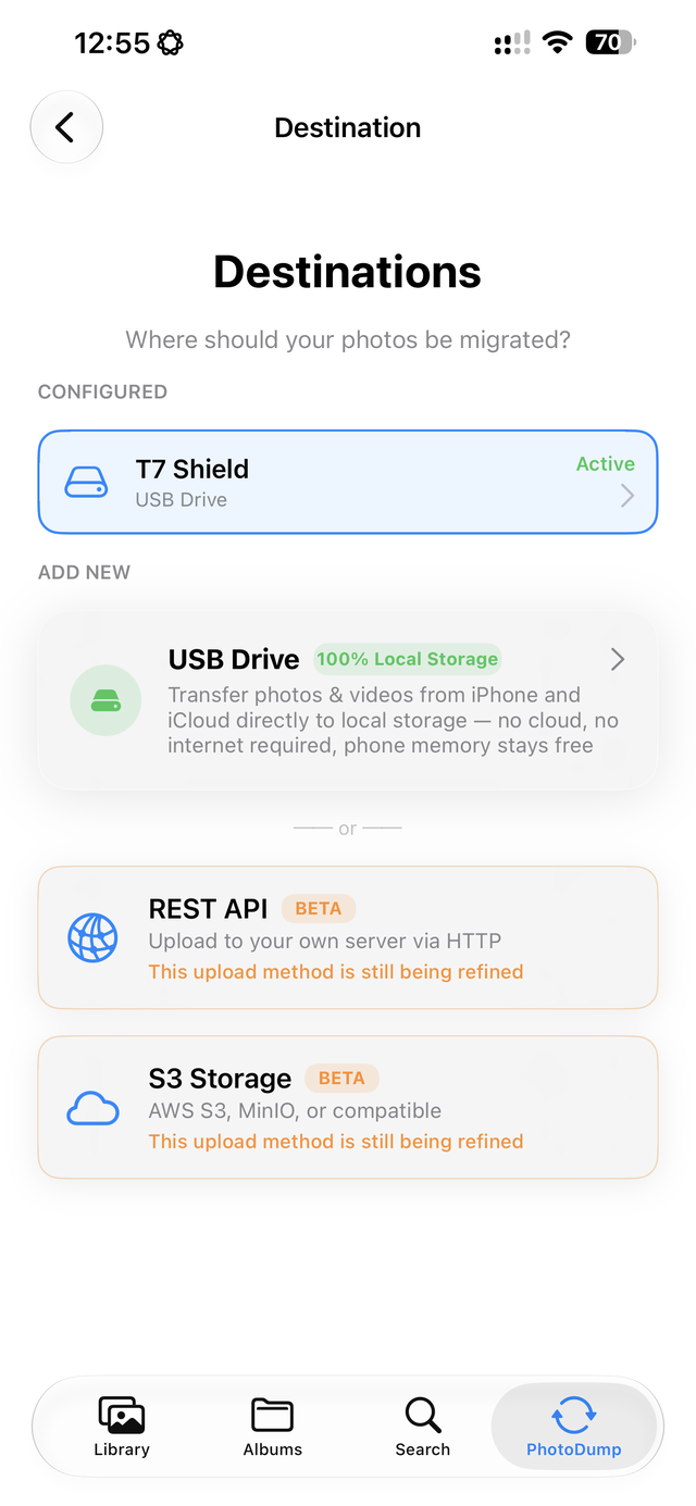 Pick where photos go — USB/SSD, your own S3 bucket, or a REST server you control.