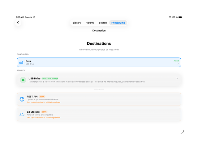 Same on iPad — pick USB/SSD, your S3 bucket, or a REST server.