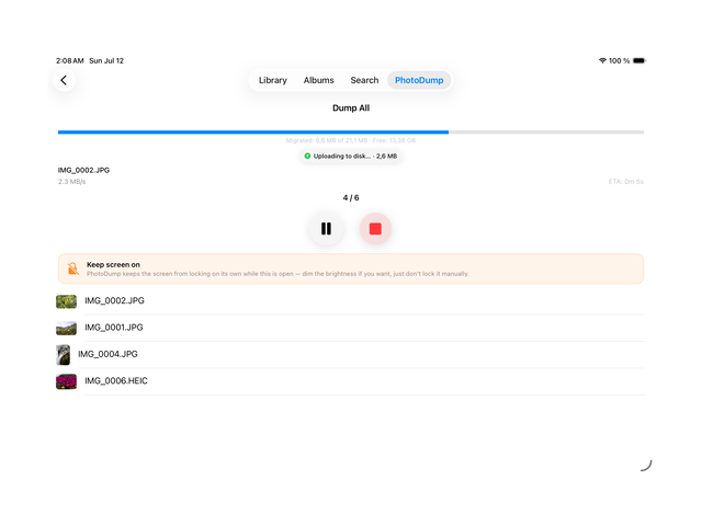 Live transfer progress, file by file, right on iPad.