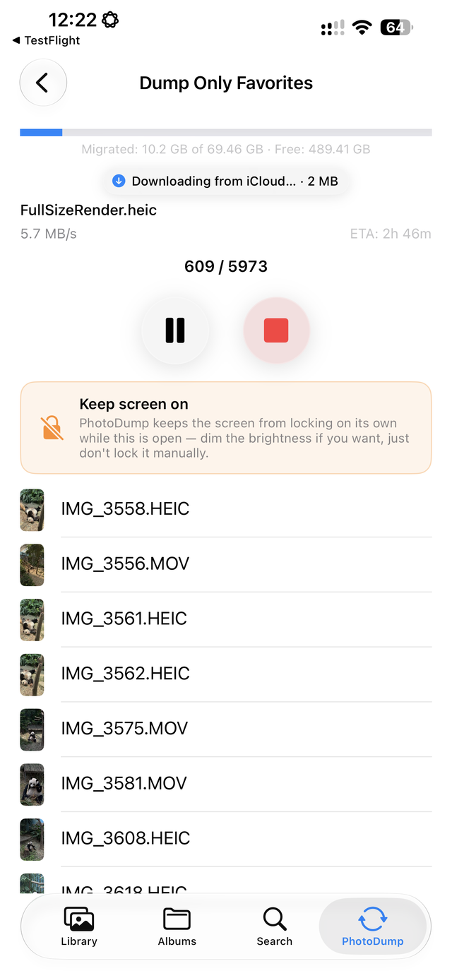 Downloads from iCloud when needed, then writes straight to the drive.